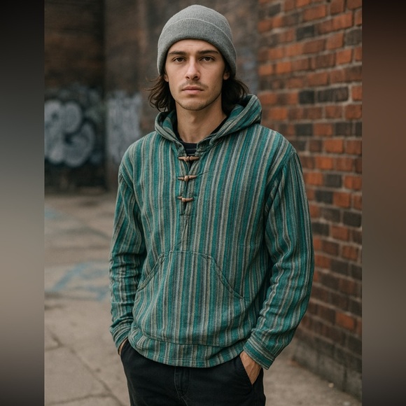 SHOP Therapy Mens Striped toggle, button Hoodie, Shirt L Grunge, Goth Streetwear - Picture 1 of 9